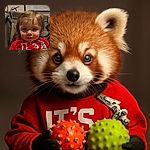 A cute toddler with a curious expression is holding two colorful textured balls, one orange and one yellow, while sitting comfortably in a cushioned swing chair indoors with soft lighting highlighting their face.