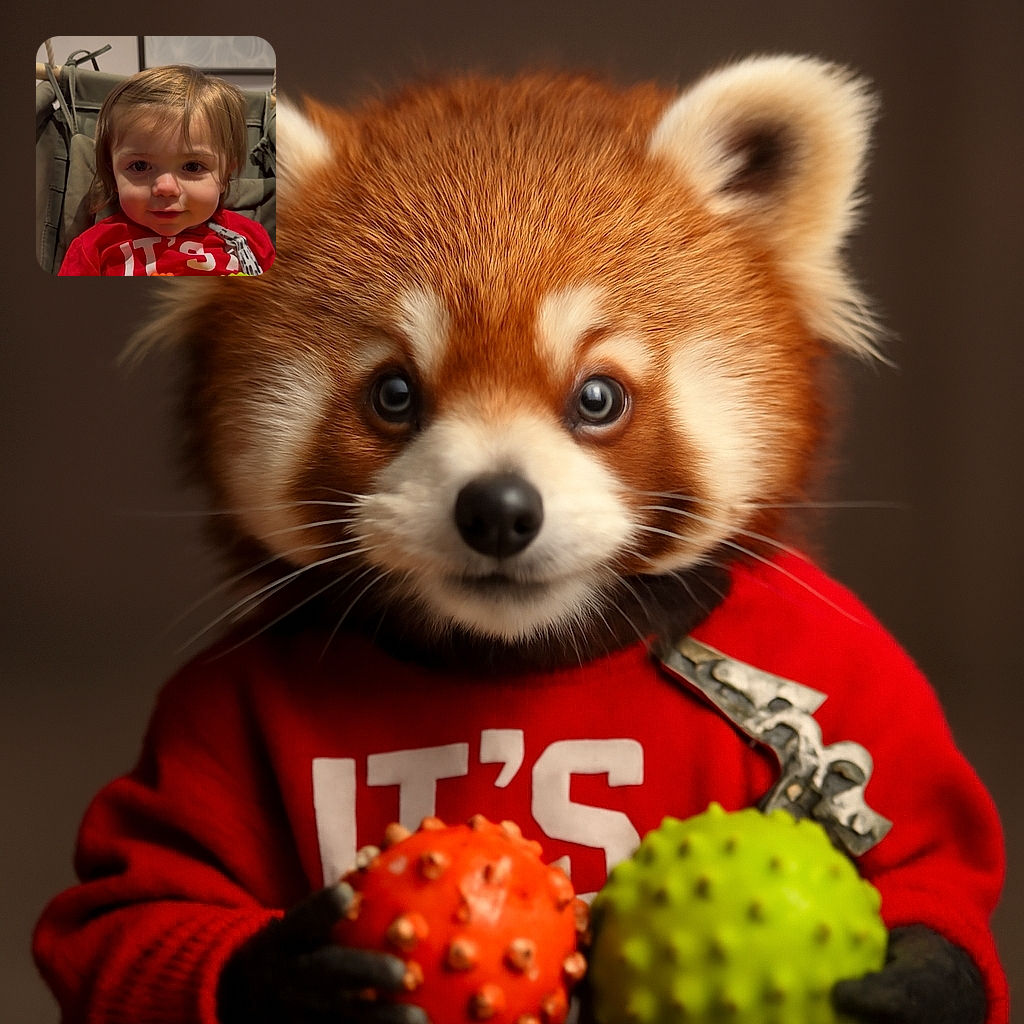 A cute toddler with a curious expression is holding two colorful textured balls, one orange and one yellow, while sitting comfortably in a cushioned swing chair indoors with soft lighting highlighting their face.