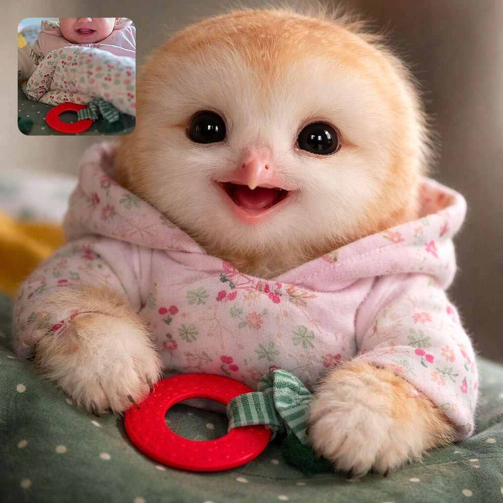 A cheerful baby in a pink bib beams at the camera, snuggled under a floral blanket with a red teether in the foreground; soft bokeh and warm lighting make the tiny grin the star of the photo.