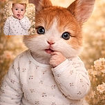 A charming baby with blue eyes and a curious expression gently chewing on their fingers, dressed in a soft floral onesie, set against a dreamy backdrop of pastel flowers. The text '5 mois' adds a sweet milestone touch to this tender portrait.