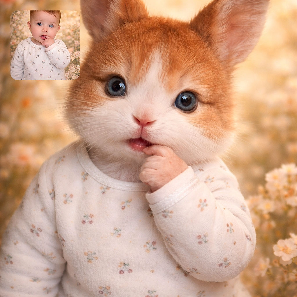 A charming baby with blue eyes and a curious expression gently chewing on their fingers, dressed in a soft floral onesie, set against a dreamy backdrop of pastel flowers. The text '5 mois' adds a sweet milestone touch to this tender portrait.