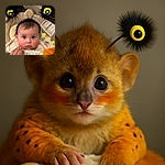 A wide-eyed baby with rosy cheeks stares curiously, sporting a quirky headband with big fuzzy yellow and black eyes on springs, while a hand gently holds a patterned blanket in the foreground.