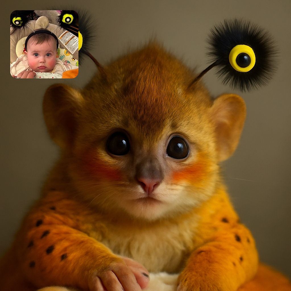 A wide-eyed baby with rosy cheeks stares curiously, sporting a quirky headband with big fuzzy yellow and black eyes on springs, while a hand gently holds a patterned blanket in the foreground.
