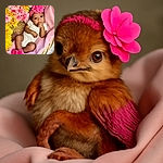 A charming baby lies cozily in a basket lined with soft pink fabric, surrounded by vibrant yellow and pink flowers. The baby sports a big pink flower headband and matching socks, sucking on a tiny fist with wide curious eyes, creating a heartwarming and colorful scene.
