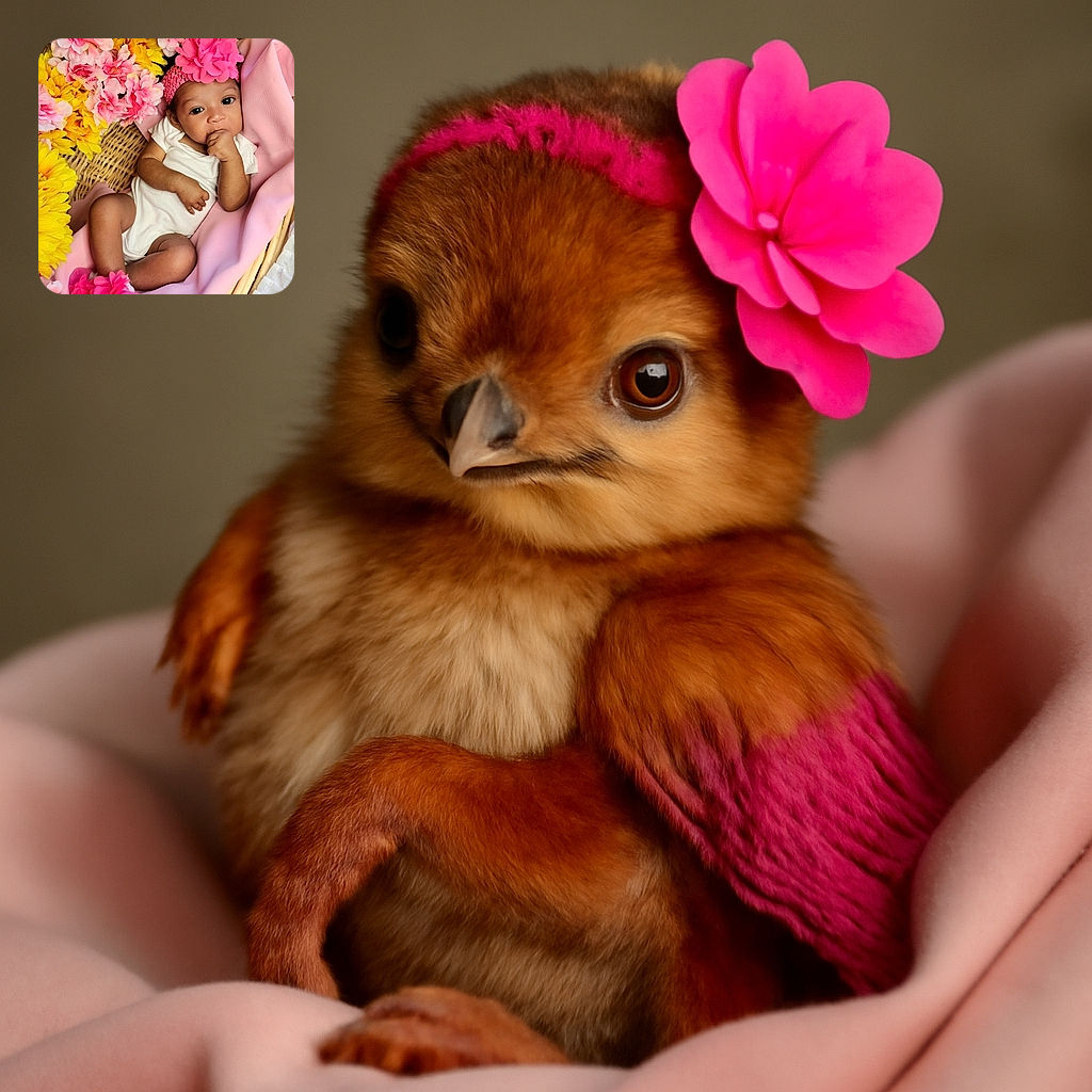 A charming baby lies cozily in a basket lined with soft pink fabric, surrounded by vibrant yellow and pink flowers. The baby sports a big pink flower headband and matching socks, sucking on a tiny fist with wide curious eyes, creating a heartwarming and colorful scene.