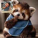 A curious baby sitting in a high chair with a blue bib, looking adorably confused and picking their nose with some food smeared around the mouth, set against a cozy living room background.