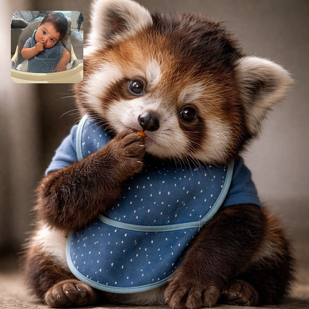 A curious baby sitting in a high chair with a blue bib, looking adorably confused and picking their nose with some food smeared around the mouth, set against a cozy living room background.
