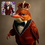 A dapper little toddler dressed in a fancy maroon suit with a blue bow tie, standing proudly against a sparkling background of purple and clear gemstones, wearing a digitally added royal crown that makes him look like the tiniest king in a bling kingdom.