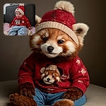 A cute baby wearing a festive red hat with a pom-pom and a red sweater featuring a holiday-themed Mickey Mouse design is sitting comfortably on a couch covered with a pink blanket. The baby has a mischievous smile and bright eyes, making the scene heartwarming and joyful.