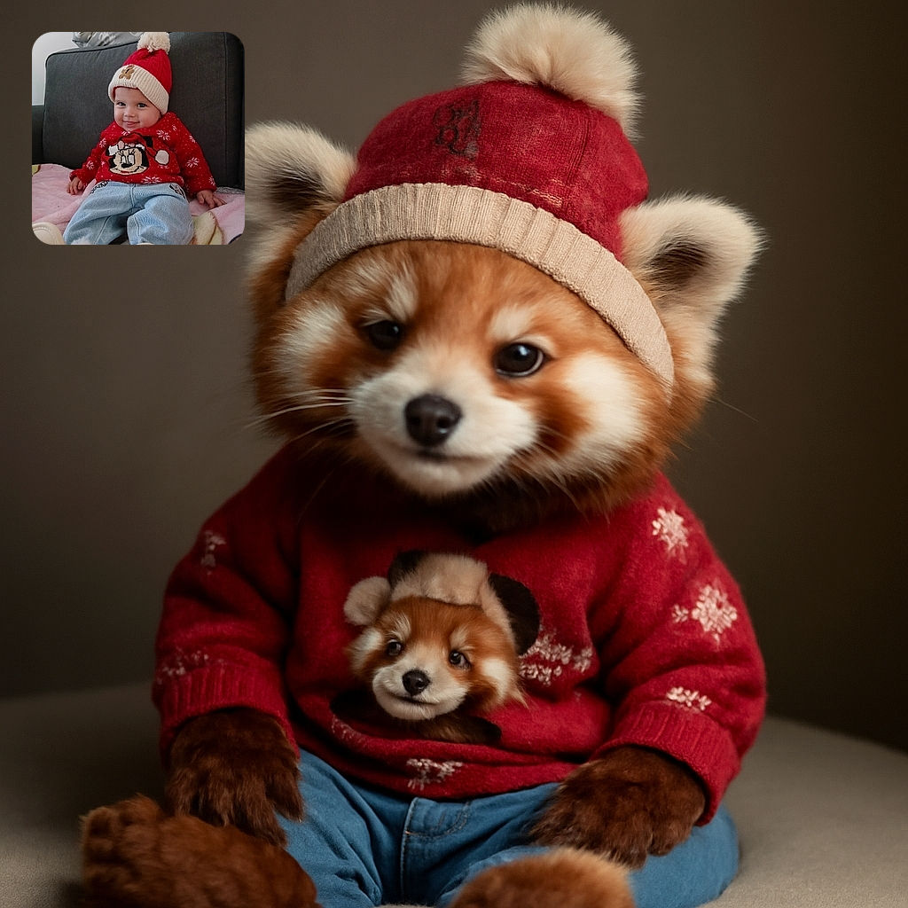 A cute baby wearing a festive red hat with a pom-pom and a red sweater featuring a holiday-themed Mickey Mouse design is sitting comfortably on a couch covered with a pink blanket. The baby has a mischievous smile and bright eyes, making the scene heartwarming and joyful.
