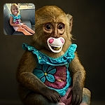 A cheerful toddler with blonde hair and a pacifier sits comfortably on a gray leather seat inside a vehicle, wearing a bright blue ruffled top with a colorful cartoon character and striped shorts, while sunlight gently highlights her face and the parking lot outside the window is visible in the background.