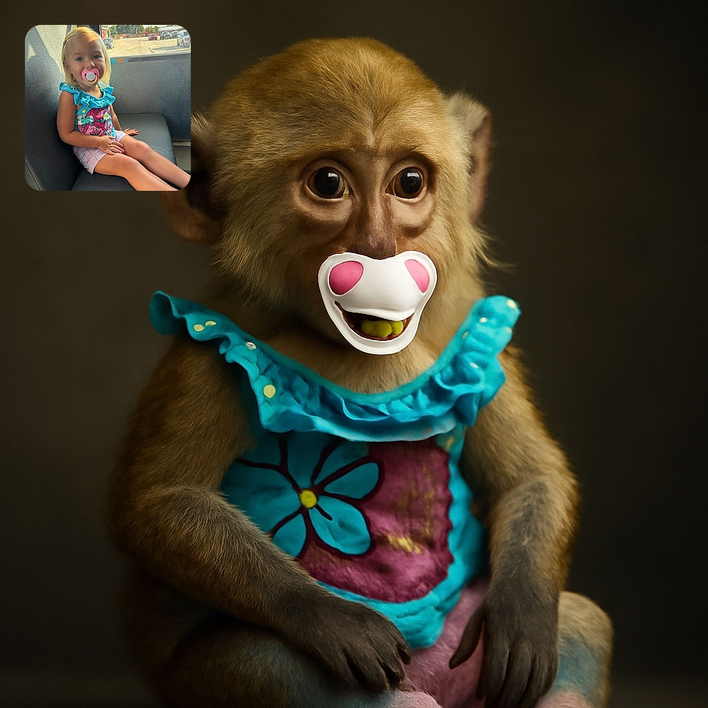 A cheerful toddler with blonde hair and a pacifier sits comfortably on a gray leather seat inside a vehicle, wearing a bright blue ruffled top with a colorful cartoon character and striped shorts, while sunlight gently highlights her face and the parking lot outside the window is visible in the background.