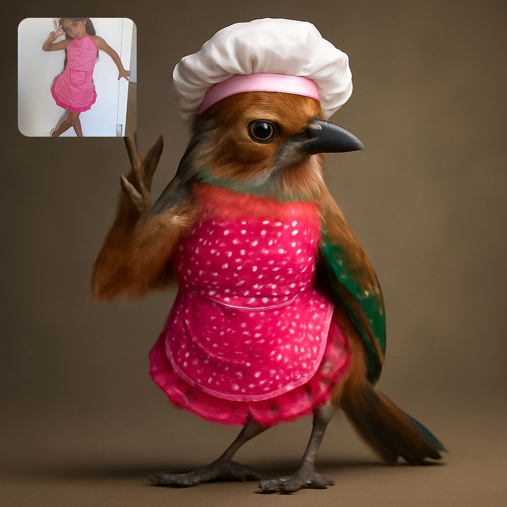 A young girl strikes a playful chef pose wearing a pink polka-dot apron and a white chef hat with pink trim, flashing a peace sign with one hand while balancing elegantly on white shoes with bows, set against a plain white wall and wooden floor.