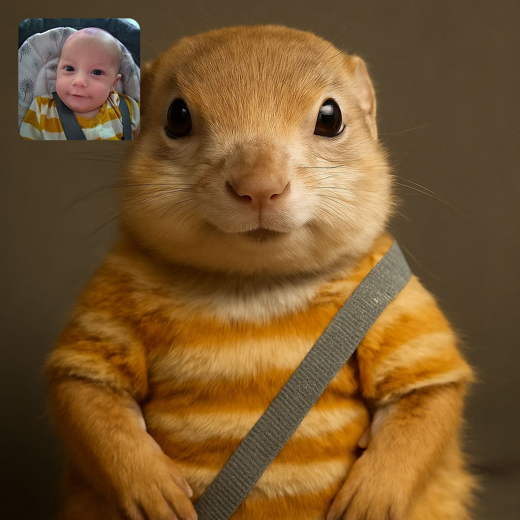 A close-up photo of a happy baby wearing a yellow and white striped shirt, secured in a baby seat with a gray strap, looking directly at the camera with a soft smile and bright eyes. The background is blurred, highlighting the adorable baby face.