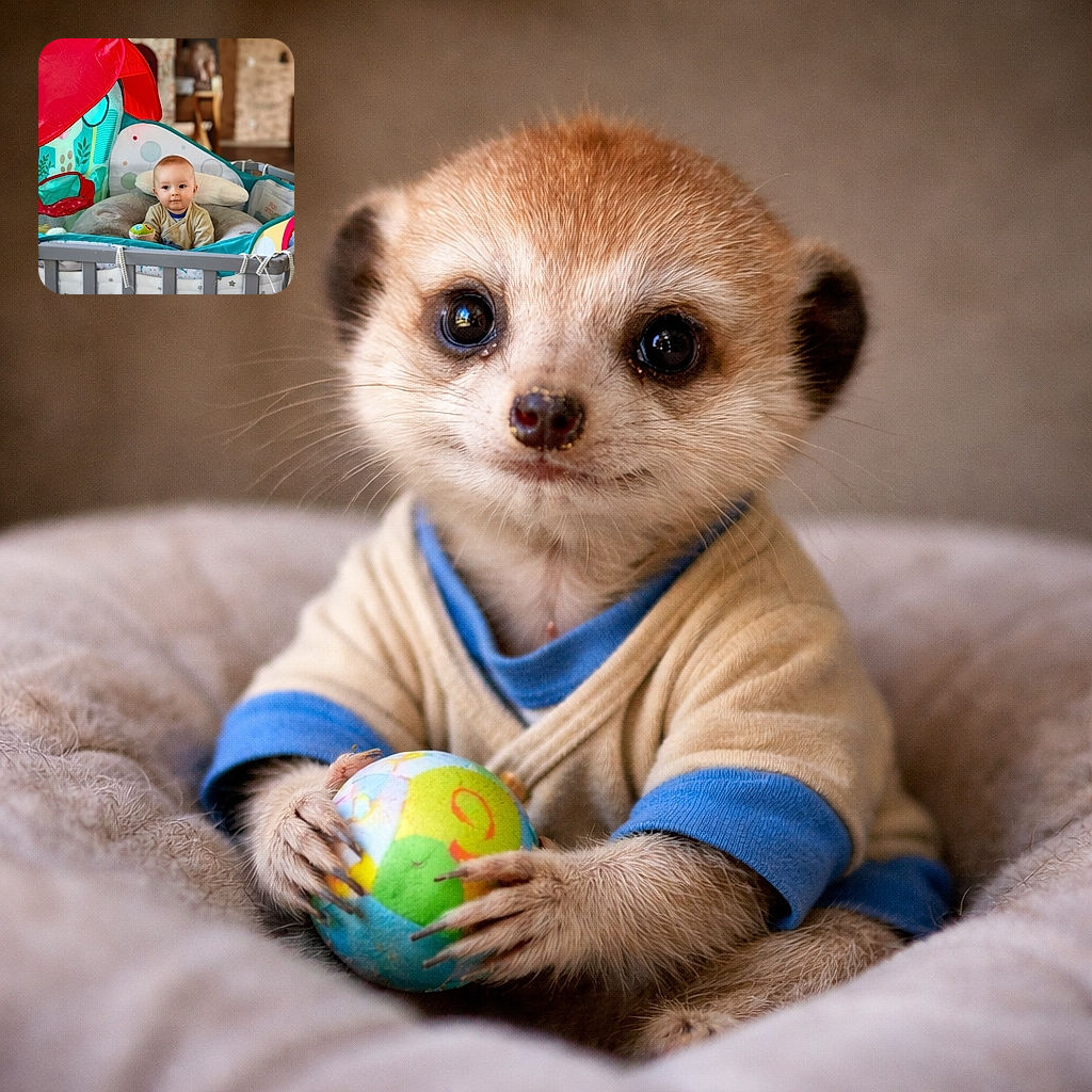 A curious baby sits comfortably in a colorful playpen surrounded by soft cushions and toys, with a bright red canopy adding a pop of color. The background is softly blurred, focusing all attention on the little explorer's calm and inquisitive expression.