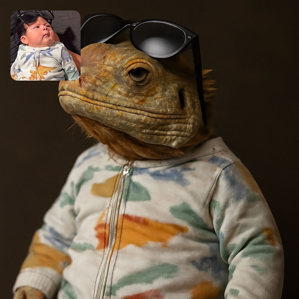 A chubby baby dressed in a dinosaur-patterned onesie lounges with oversized sunglasses perched on their head, looking off to the side with a curious expression. The text overlay above asks 'todo bien wey?', adding a humorous touch to the cozy indoor scene.