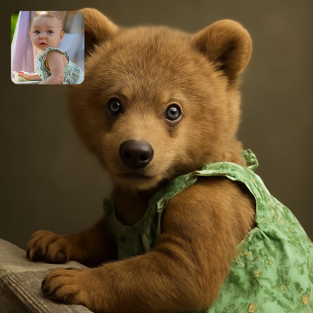 A curious baby in a soft green floral dress leans on a textured surface, eyes wide with wonder as golden sunlight filters behind, creating a warm, dreamy backdrop.