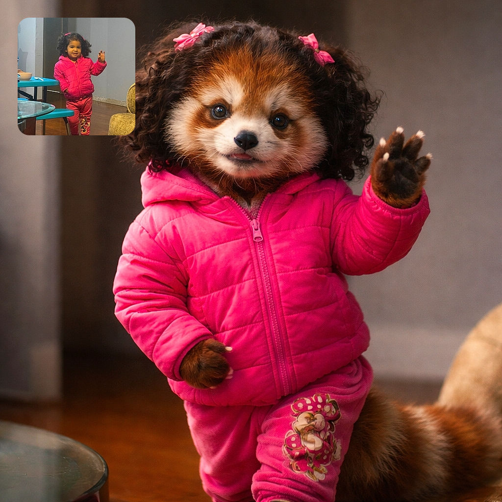 A tiny fashion icon in a puffy pink jacket gives a confident wave — curly hair tied with bows, Minnie Mouse leggings on display, posed by a teal kid-table and a couch on shiny hardwood like it's a runway.