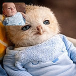 A thoughtful baby wrapped in a soft blue outfit gazes off-camera, with a cozy indoor setting behind featuring wooden chairs and a tiled floor, capturing a peaceful moment of infant curiosity.