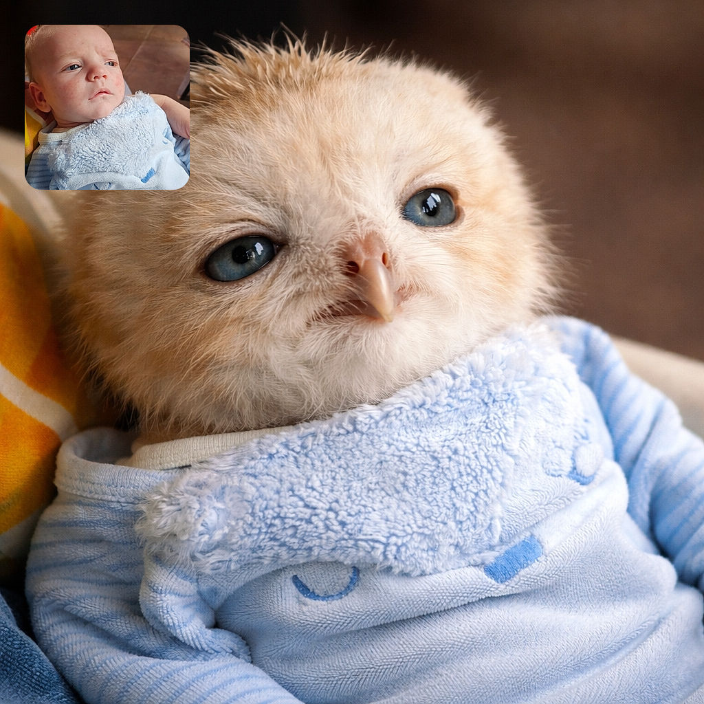 A thoughtful baby wrapped in a soft blue outfit gazes off-camera, with a cozy indoor setting behind featuring wooden chairs and a tiled floor, capturing a peaceful moment of infant curiosity.