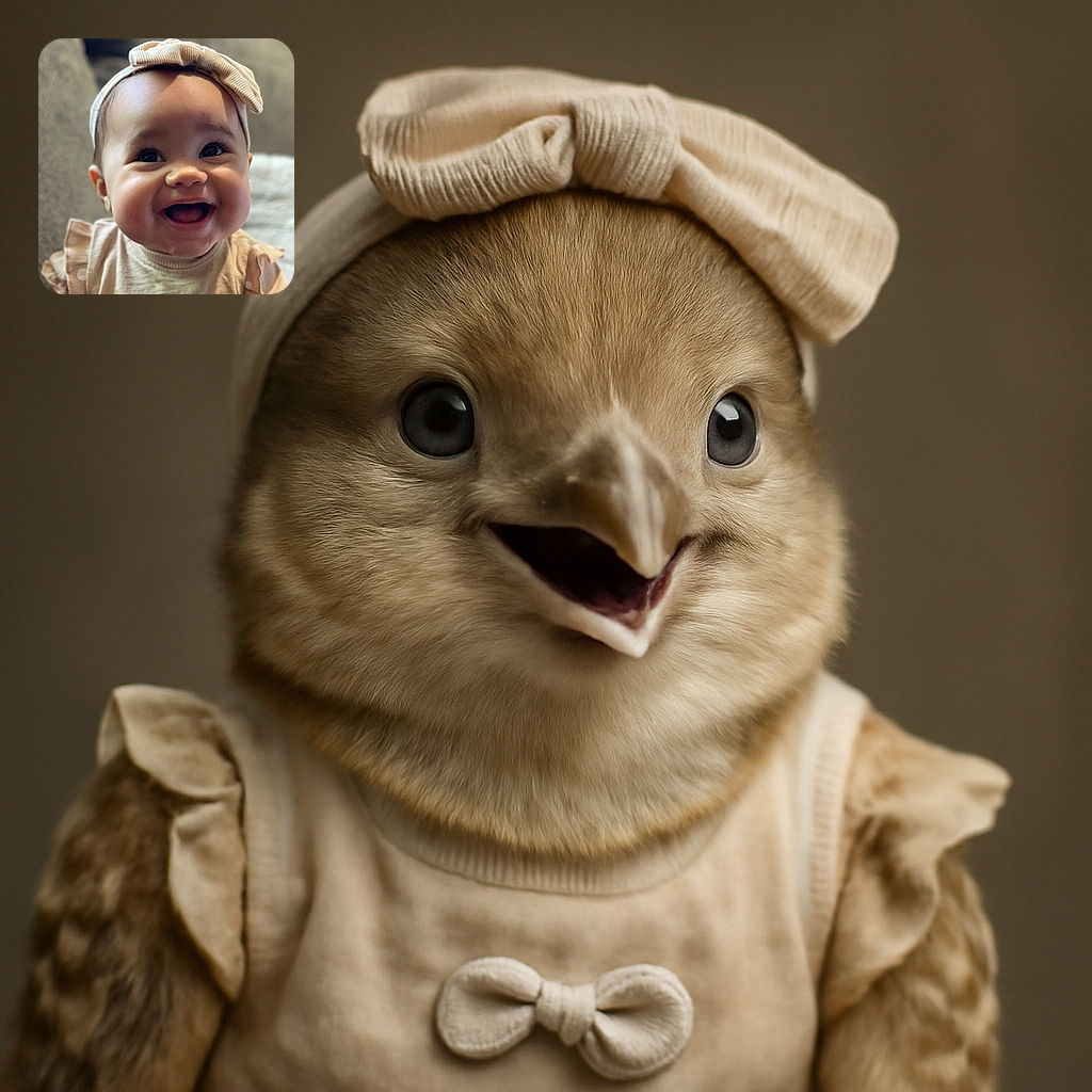 A joyful baby with chubby cheeks and bright eyes beams widely, wearing a cute headband with a bow and a beige outfit featuring a bear design. The soft focus background emphasizes the baby's happy expression, making it a heartwarming and adorable portrait.