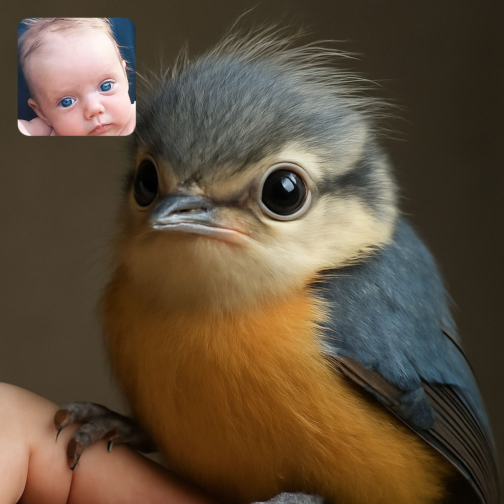 A close-up of a curious baby with big blue eyes gazing intently, tousled light hair, and a soft expression, set against a dark blurred background that makes the baby's features pop.