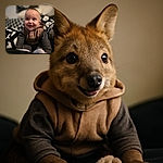 A smiling baby with bright eyes and a little tuft of hair is sitting comfortably on a cozy black and white patterned blanket, looking off to the side with a joyful expression, surrounded by soft textures and warm lighting.