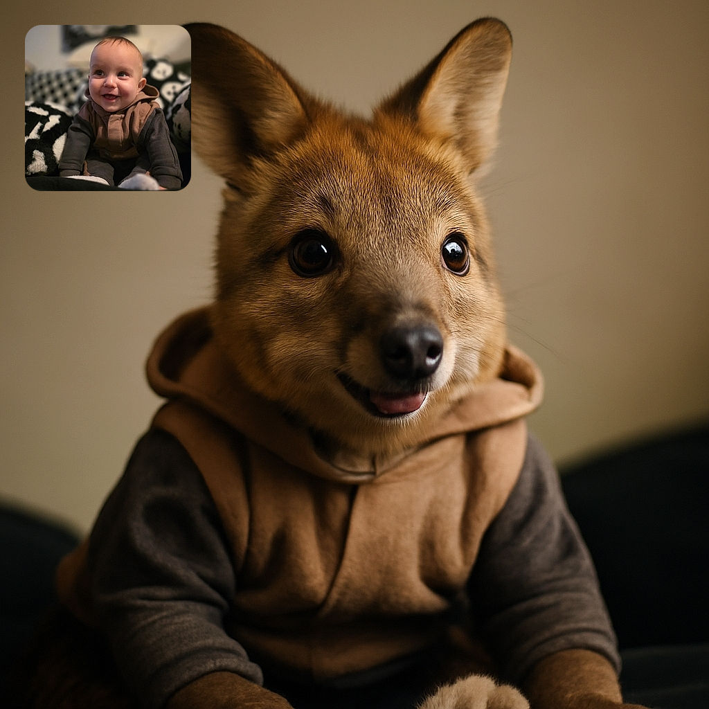 A smiling baby with bright eyes and a little tuft of hair is sitting comfortably on a cozy black and white patterned blanket, looking off to the side with a joyful expression, surrounded by soft textures and warm lighting.