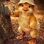 A joyful toddler in a yellow checkered outfit and matching hat is taking confident steps outdoors, holding onto a tree for balance with a big smile that lights up the scene. The ground is covered with dry leaves and sunlight filters through the trees, creating a warm, natural backdrop.