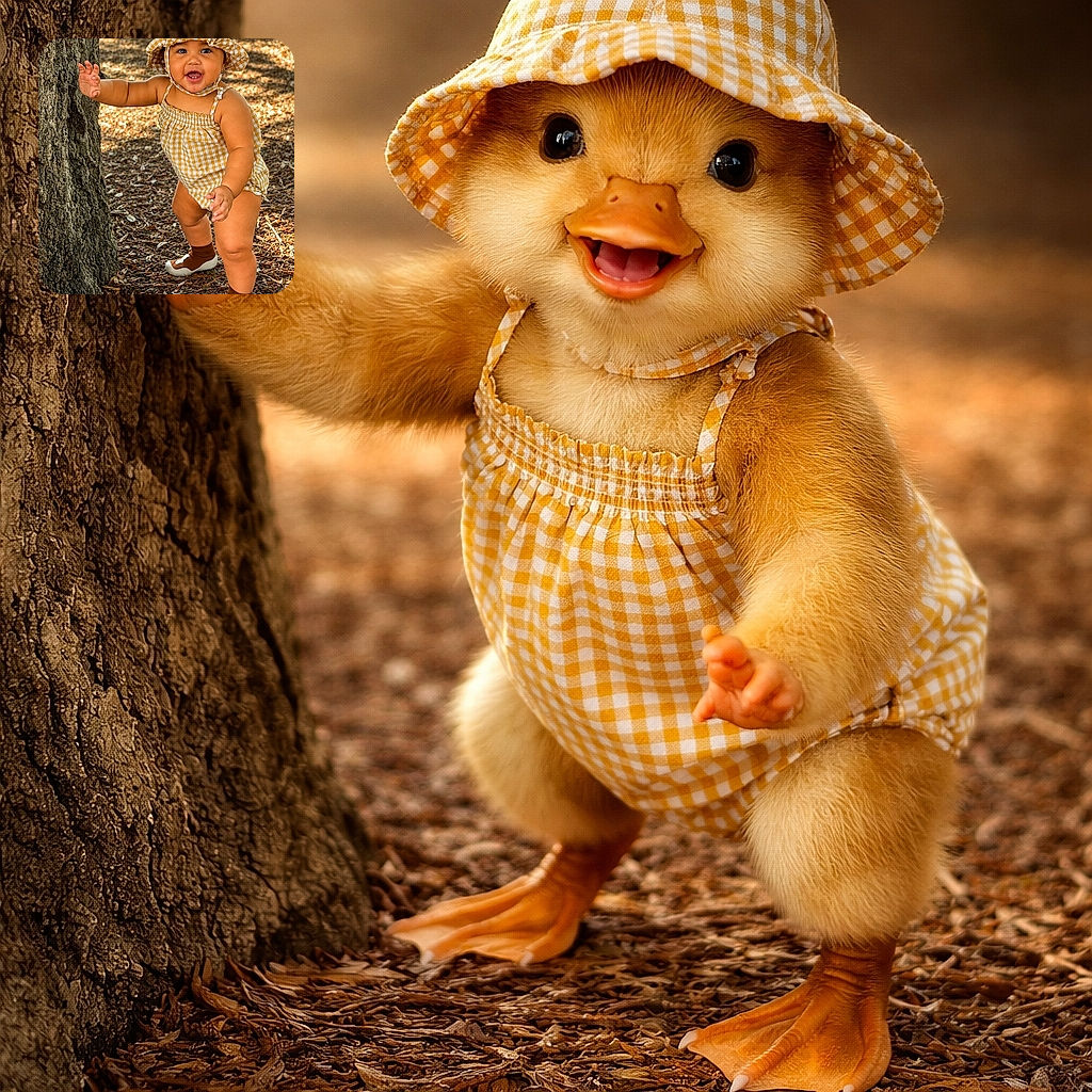 A joyful toddler in a yellow checkered outfit and matching hat is taking confident steps outdoors, holding onto a tree for balance with a big smile that lights up the scene. The ground is covered with dry leaves and sunlight filters through the trees, creating a warm, natural backdrop.