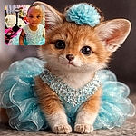 A tiny princess stares solemnly into the camera in a sparkly turquoise dress and matching flower headband, while a chaotic living room full of toys and curtains plays supporting role in the background — she looks ready for a royal nap or a dance-off.
