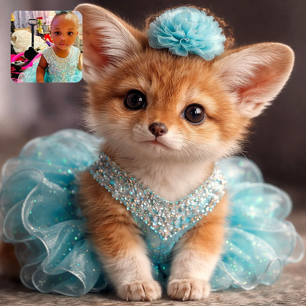 A tiny princess stares solemnly into the camera in a sparkly turquoise dress and matching flower headband, while a chaotic living room full of toys and curtains plays supporting role in the background — she looks ready for a royal nap or a dance-off.