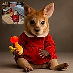 A cute baby in a red dress and sparkly tights sits on a tiled floor holding a colorful toy, surrounded by cozy home decorations, wrapped presents, and a small dog lounging on a striped couch.