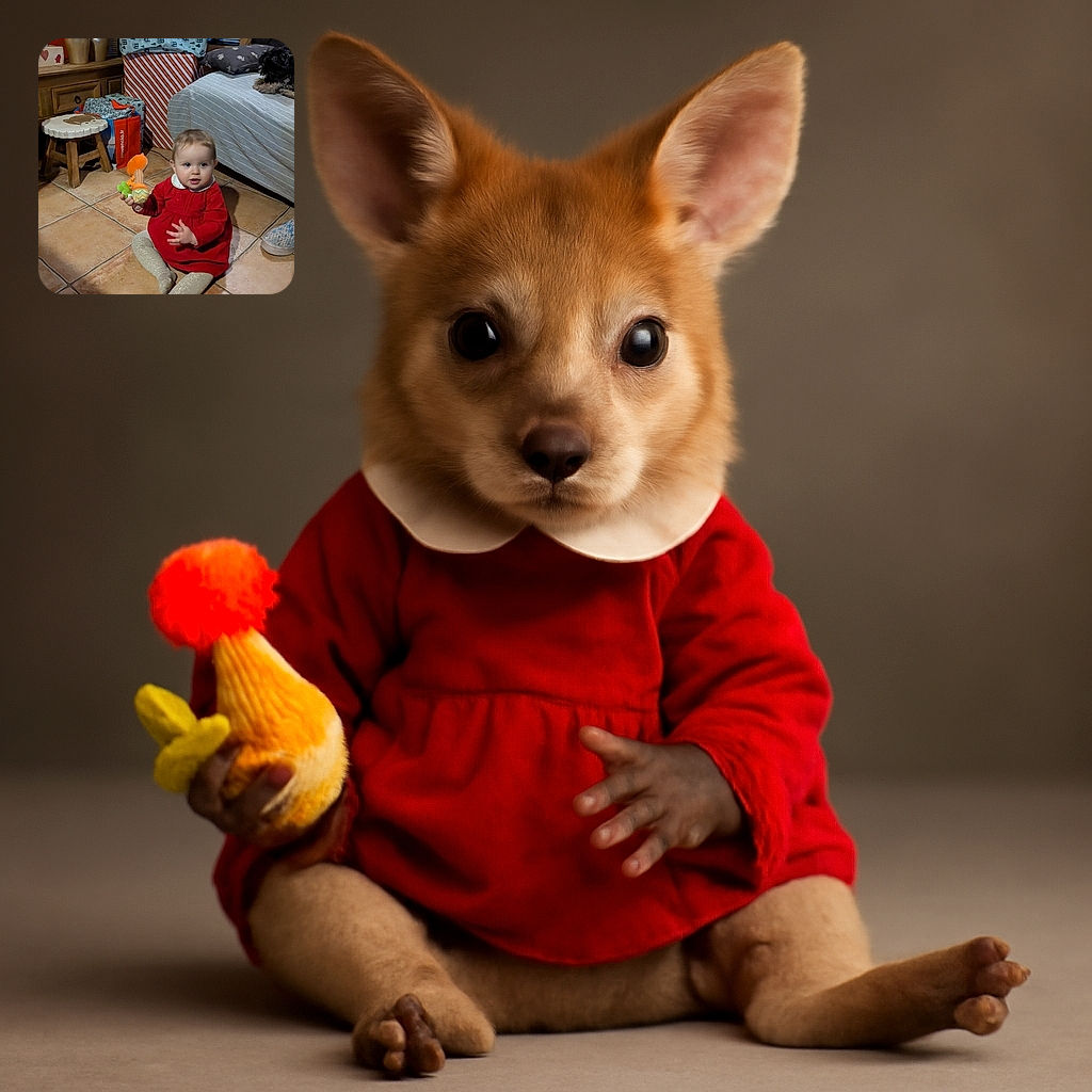 A cute baby in a red dress and sparkly tights sits on a tiled floor holding a colorful toy, surrounded by cozy home decorations, wrapped presents, and a small dog lounging on a striped couch.