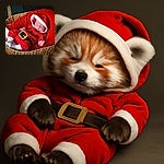 A peacefully sleeping baby dressed as Santa Claus nestled in a cozy red cushion inside a woven basket, radiating holiday cheer and cuteness overload.