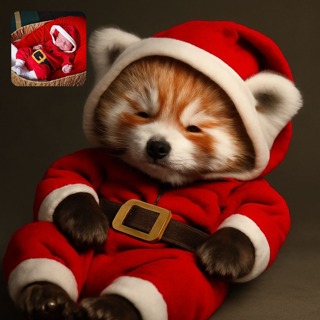 A peacefully sleeping baby dressed as Santa Claus nestled in a cozy red cushion inside a woven basket, radiating holiday cheer and cuteness overload.