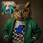 A cheerful young child with tousled hair sports a green zip-up jacket over a graphic t-shirt, standing confidently with hands on hips against a colorful abstract background that adds an artsy vibe to this lively portrait.