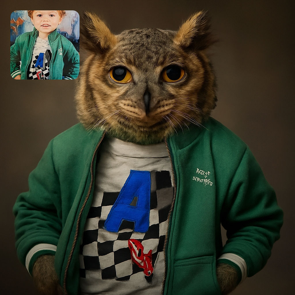 A cheerful young child with tousled hair sports a green zip-up jacket over a graphic t-shirt, standing confidently with hands on hips against a colorful abstract background that adds an artsy vibe to this lively portrait.