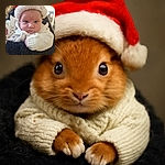 A wide-eyed baby bundled up in cozy winter clothes and a fluffy Santa hat, staring curiously at the camera while being held by a softly blurred adult in the background.