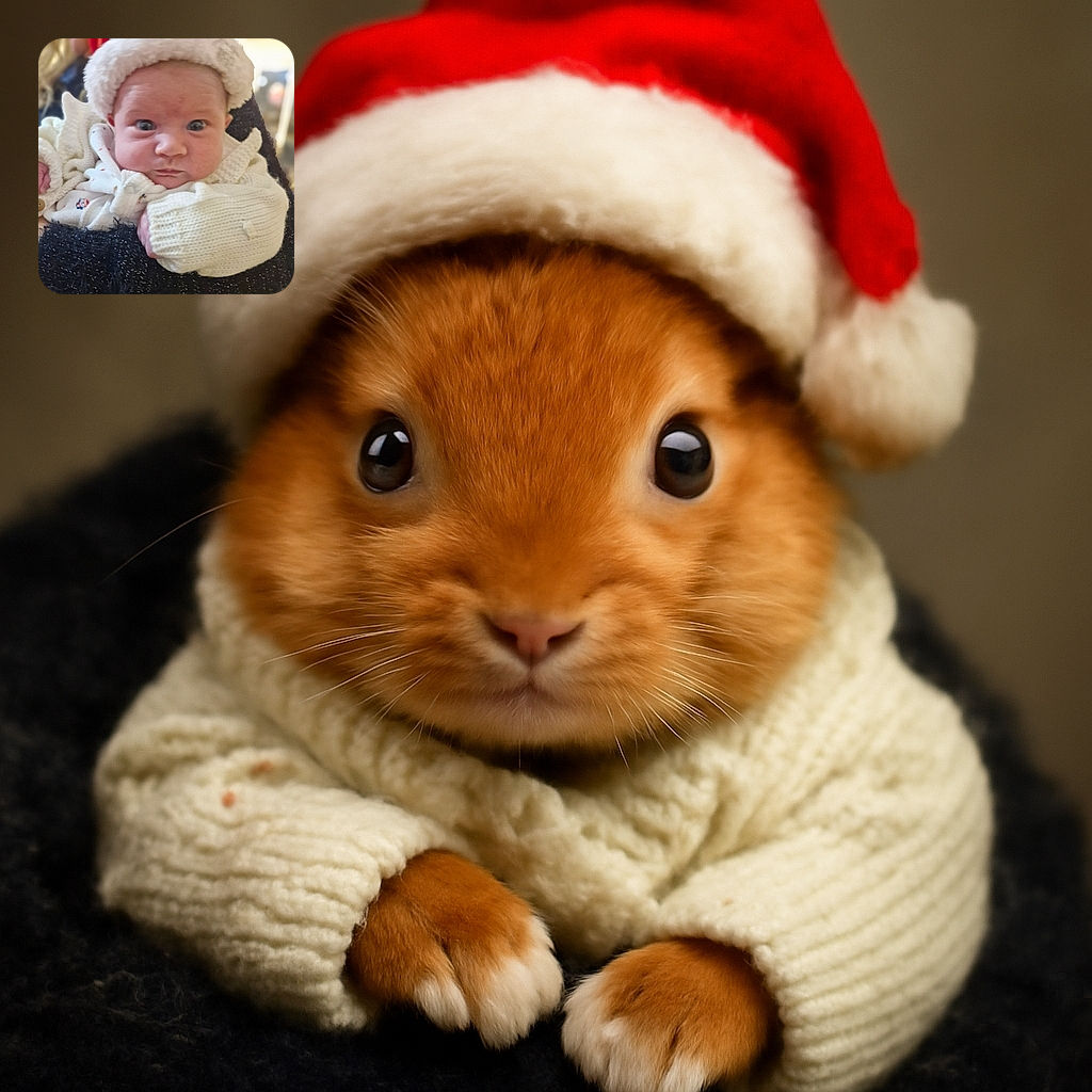 A wide-eyed baby bundled up in cozy winter clothes and a fluffy Santa hat, staring curiously at the camera while being held by a softly blurred adult in the background.