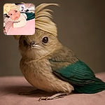 A curious baby with big eyes and a giant bow headband stares directly into the camera while lying on a soft pink cushion, surrounded by a cozy room with a playful neon light in the background.