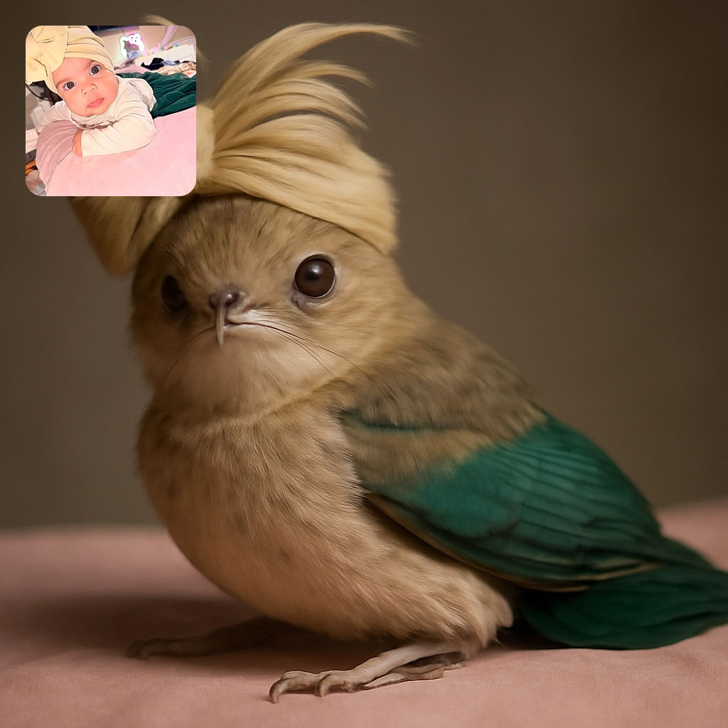A curious baby with big eyes and a giant bow headband stares directly into the camera while lying on a soft pink cushion, surrounded by a cozy room with a playful neon light in the background.