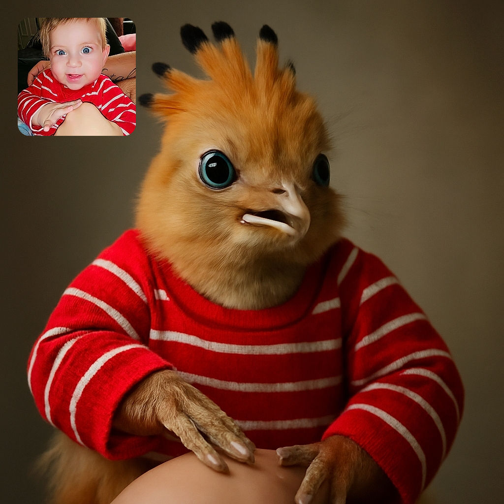 A bright-eyed baby in a red and white striped shirt beams joyfully while playfully holding an adult's hand, with a cozy indoor background featuring a couch and cushions.