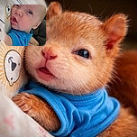 A close-up selfie of a curious baby in a bright blue shirt, snuggling against a cushion with a playful bear face design, with an adult partially visible in the background.