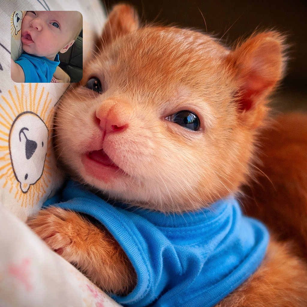 A close-up selfie of a curious baby in a bright blue shirt, snuggling against a cushion with a playful bear face design, with an adult partially visible in the background.