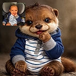 A cheerful baby with sparkling eyes and a contagious smile is sitting comfortably in a car seat, playfully nibbling on their finger while dressed in a striped onesie and cozy hoodie.