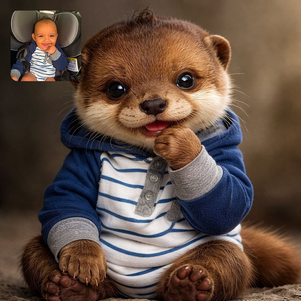 A cheerful baby with sparkling eyes and a contagious smile is sitting comfortably in a car seat, playfully nibbling on their finger while dressed in a striped onesie and cozy hoodie.