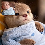 A thoughtful baby in a cozy blue outfit gazes off into the distance, with a soft background of wooden chairs and tiled floor adding a warm, homely vibe.