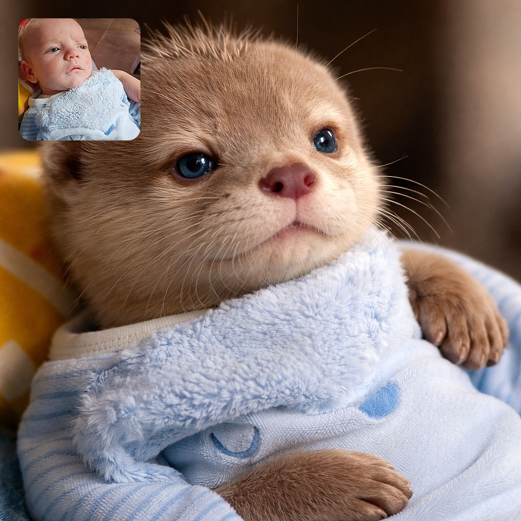 A thoughtful baby in a cozy blue outfit gazes off into the distance, with a soft background of wooden chairs and tiled floor adding a warm, homely vibe.