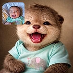 A joyful baby with a big open-mouthed smile, wearing a green shirt with an elephant print, lying on a white blanket with black dots, radiating pure happiness and cuteness.